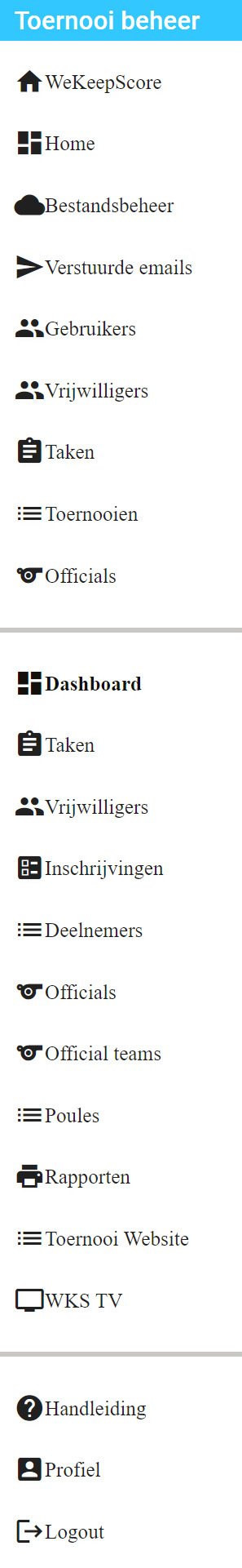 Het menu als je in het beheer van een toernooi bent.