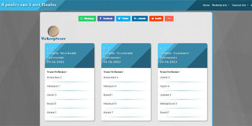 Voorbeeld van de poule pagina bij een toernooi website